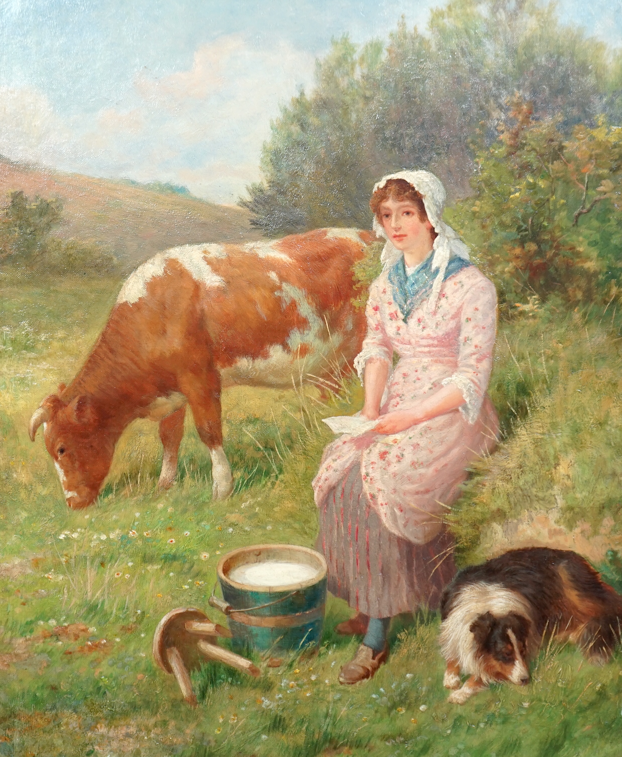 Edwin James Douglas (Scottish, 1848-1914), 'Milking Time, Sark', oil on canvas, 49 x 40cm